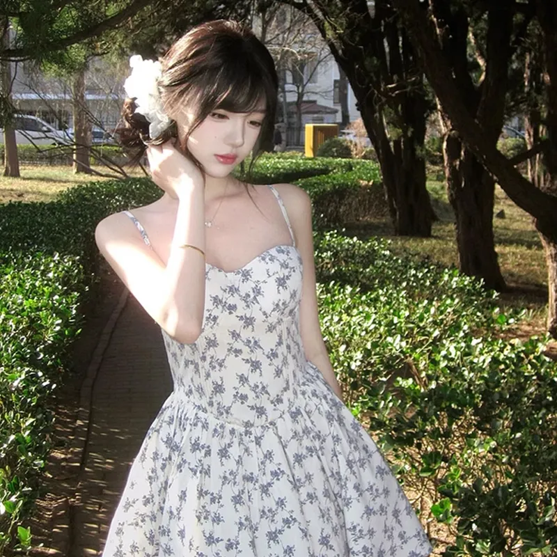AFGGD Slip Dresses Women's White With Blue Floral-3