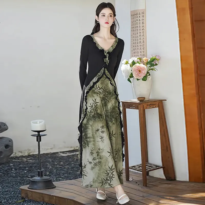 AFGGD Long Sleeved Dress Women's Black Dress-5