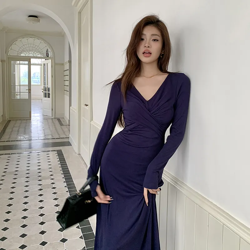 AFGGD Long-Sleeved Dresses Women's Blue-4