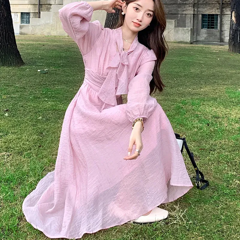 AFGGD Long Sleeved Dresses Women's Pink-5