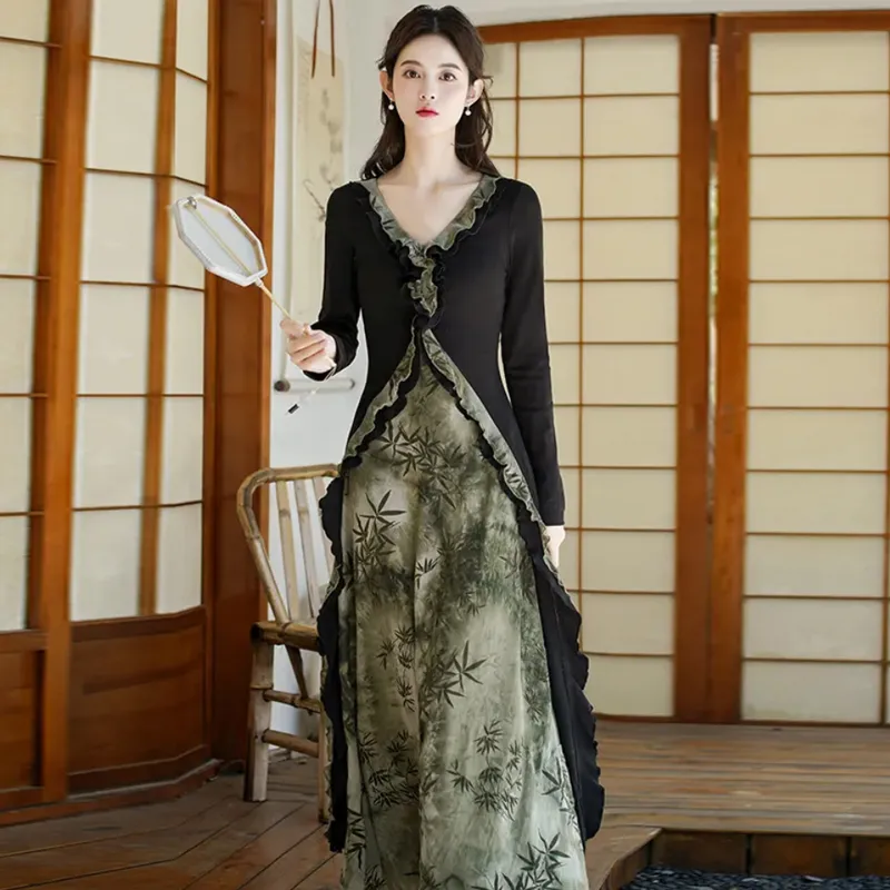 AFGGD Long Sleeved Dress Women's Black Dress-3