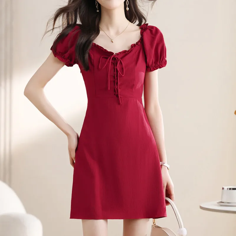 AFGGD Short Sleeved Dress Women's Red-3