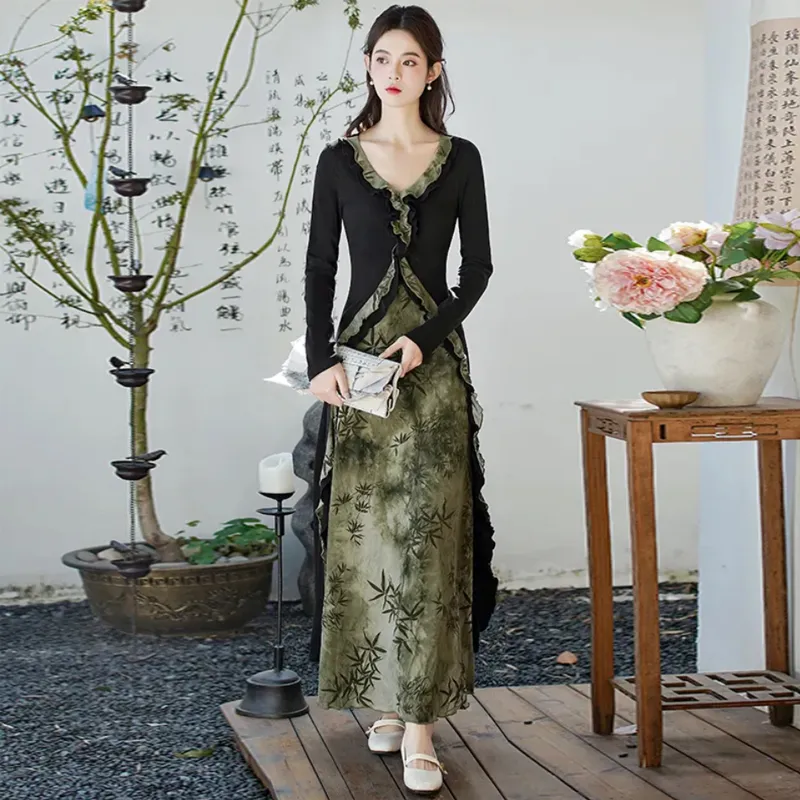 AFGGD Long Sleeved Dress Women's Black Dress-2