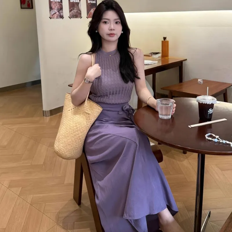 AFGGD Sleeveless Dresses Women's Purple Blue Clothing Sets-3