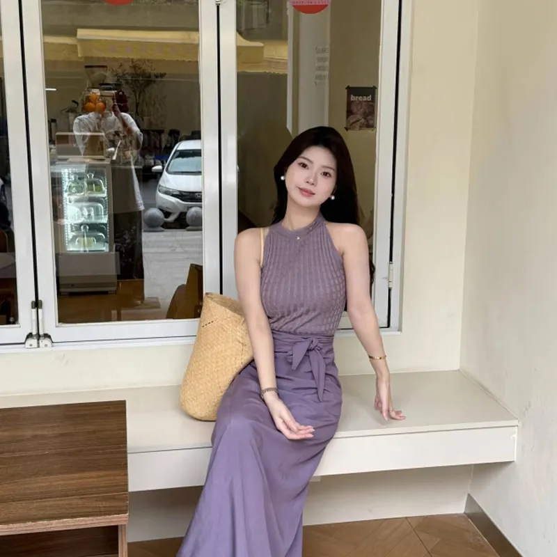 AFGGD Sleeveless Dresses Women's Purple Blue Clothing Sets-5