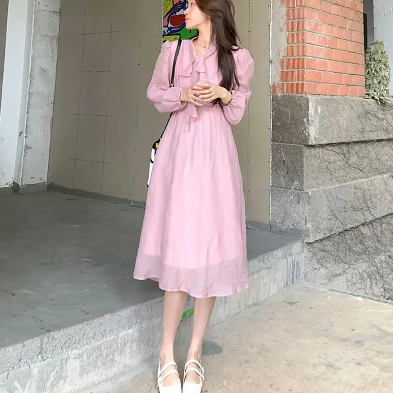 AFGGD Long Sleeved Dresses Women's Pink-3