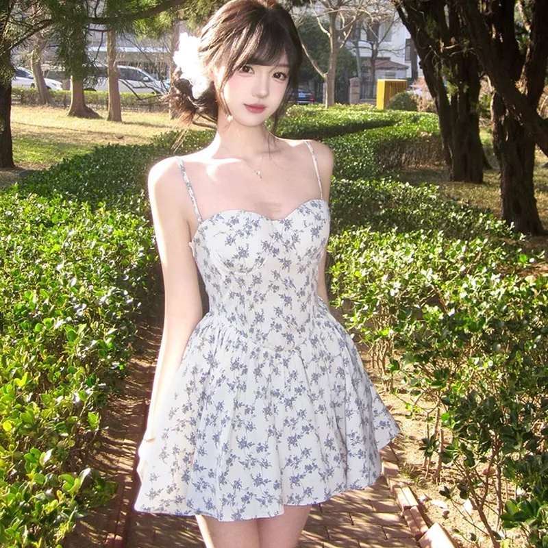AFGGD Slip Dresses Women's White With Blue Floral-4