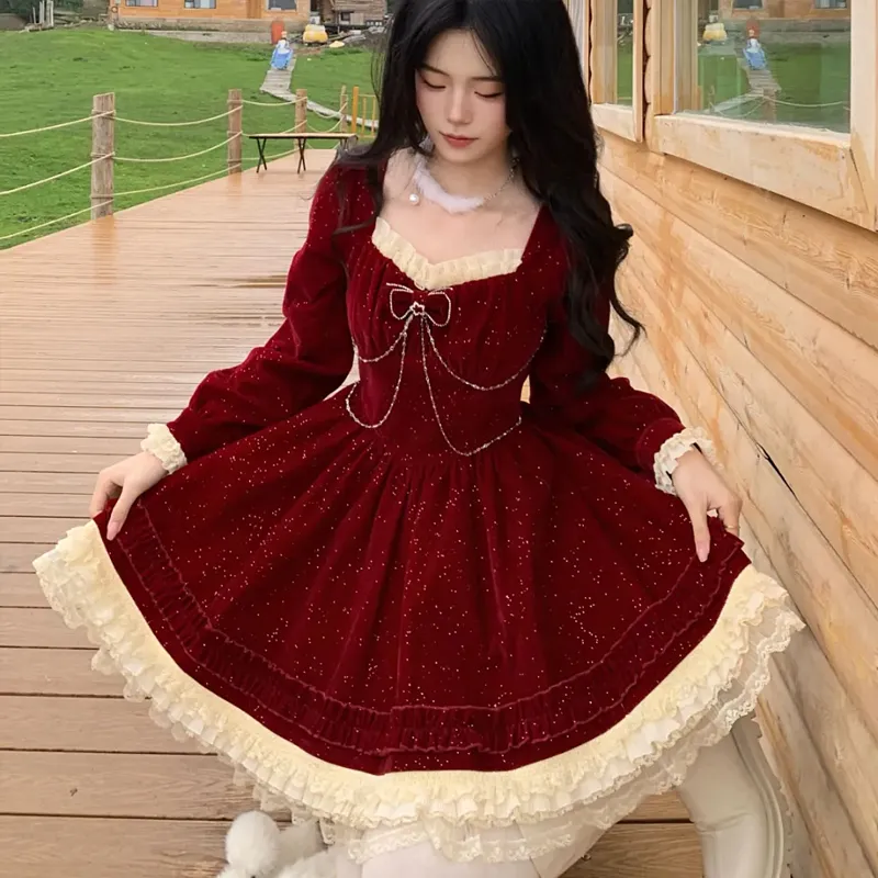 AFGGD Long-Sleeved Dresses Women's Red-4