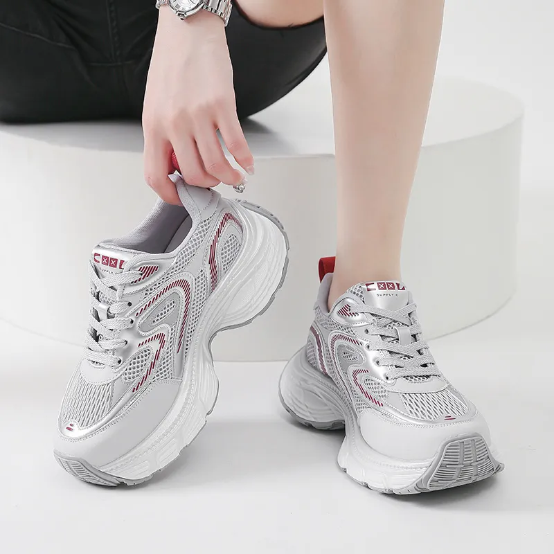 WOOS BOBO Chunky Sneakers Women's Low Top White, Silver, Red-10
