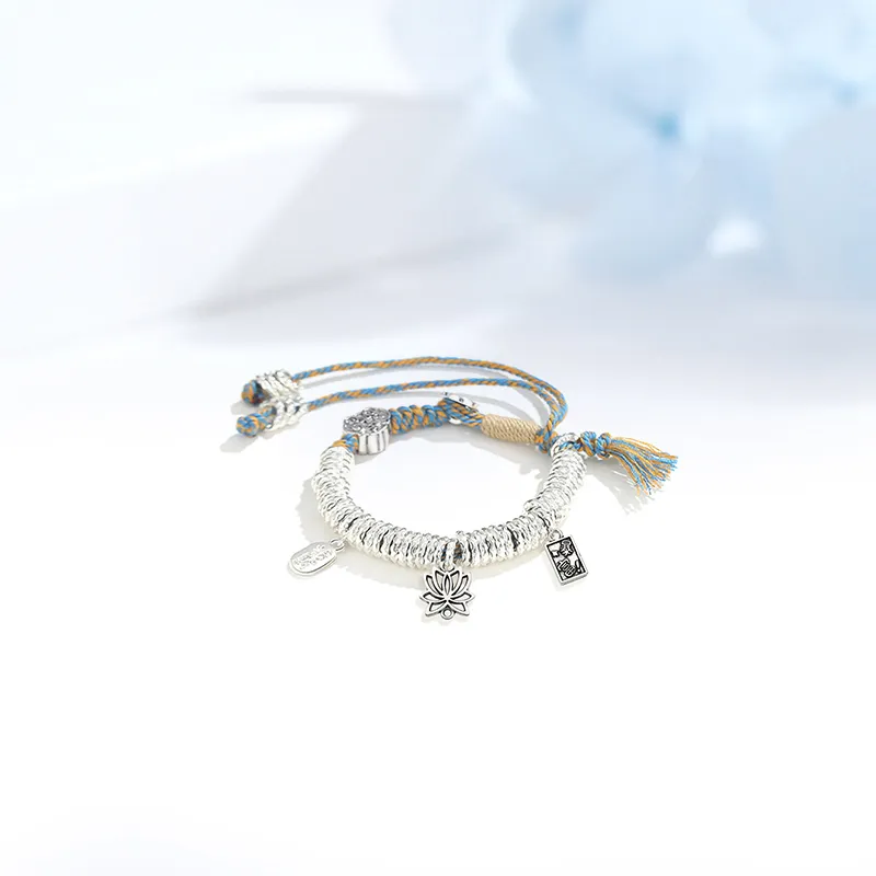 HOLLY RYAN Alloy New Chinese Style Silver Nugget Pendant, Wealth Fortune Lotus Woven Rope Bracelet, Adjustable Unisex-1