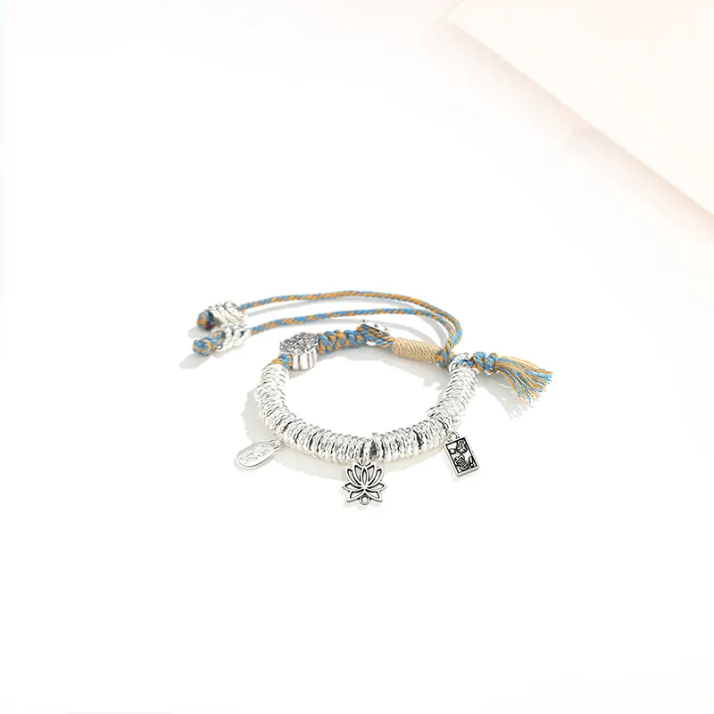 HOLLY RYAN Alloy New Chinese Style Silver Nugget Pendant, Wealth Fortune Lotus Woven Rope Bracelet, Adjustable Unisex-4