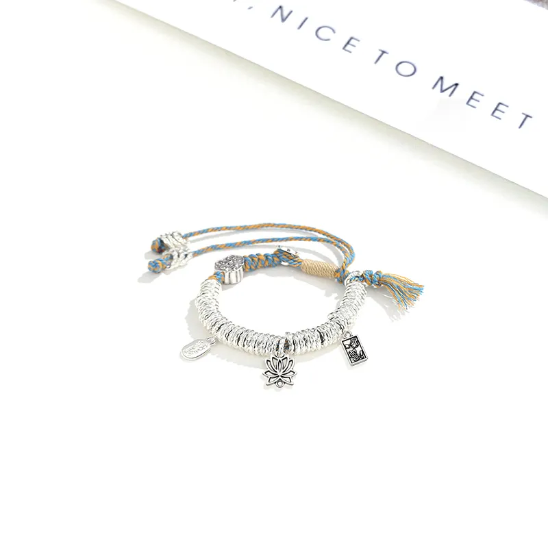 HOLLY RYAN Alloy New Chinese Style Silver Nugget Pendant, Wealth Fortune Lotus Woven Rope Bracelet, Adjustable Unisex-3