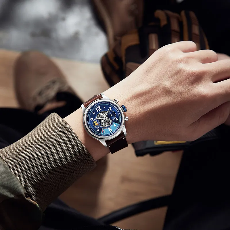 INFANTRY Manual Mechanical Movement Genuine Leather Strap Watch Men's Watches Blue Dial-4