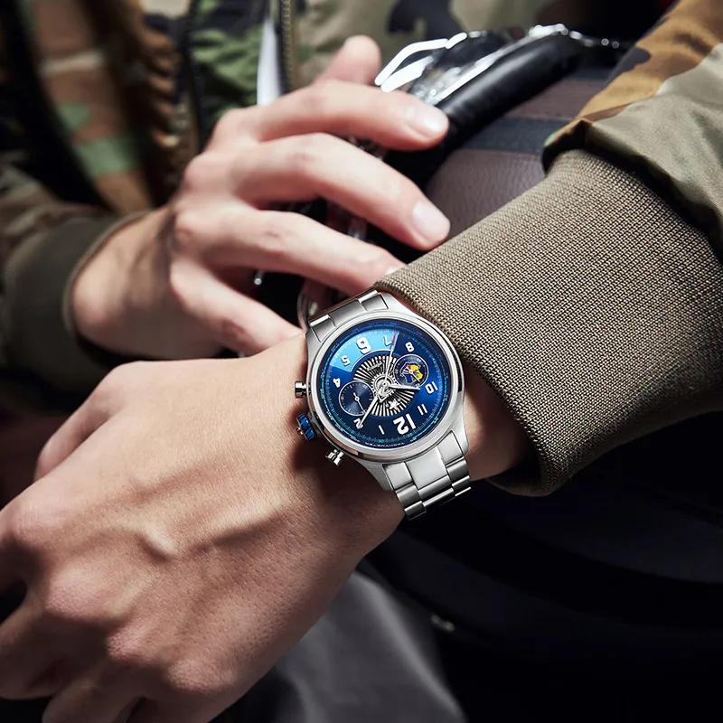 INFANTRY Manual Mechanical Movement Genuine Leather Strap Watch Men's Watches Blue Dial-3