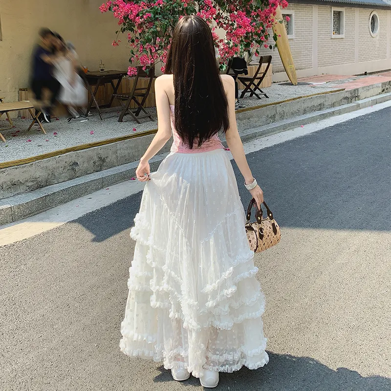 RENBEN Casual Long Skirt Women's White-3