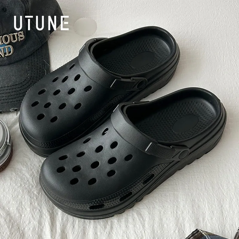 UTUNE Clogs Summer Platform Height Increasing Closed Toe Slip Resistant Home Slippers-7