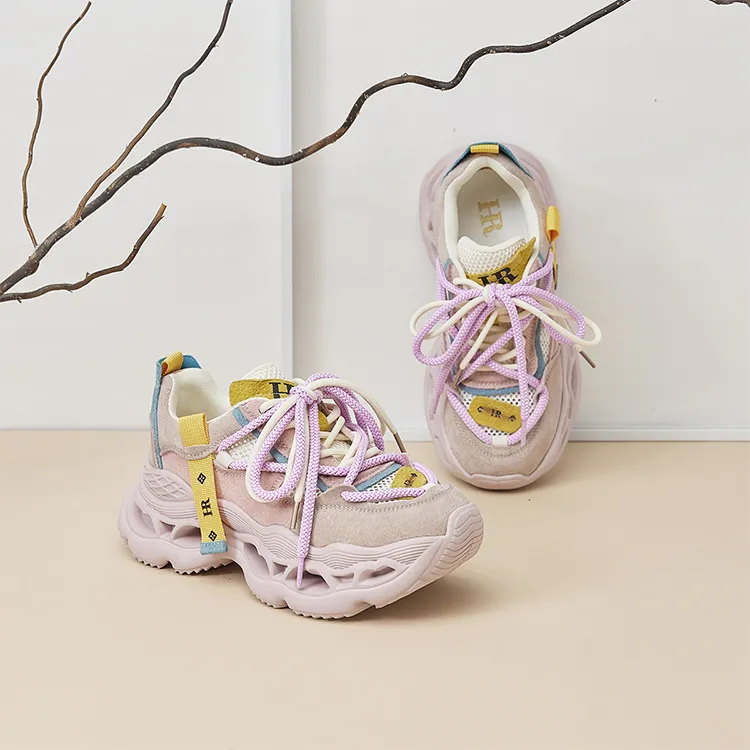 HR Breathable Height Increase Low Top Chunky Sneakers Women's Pink-1