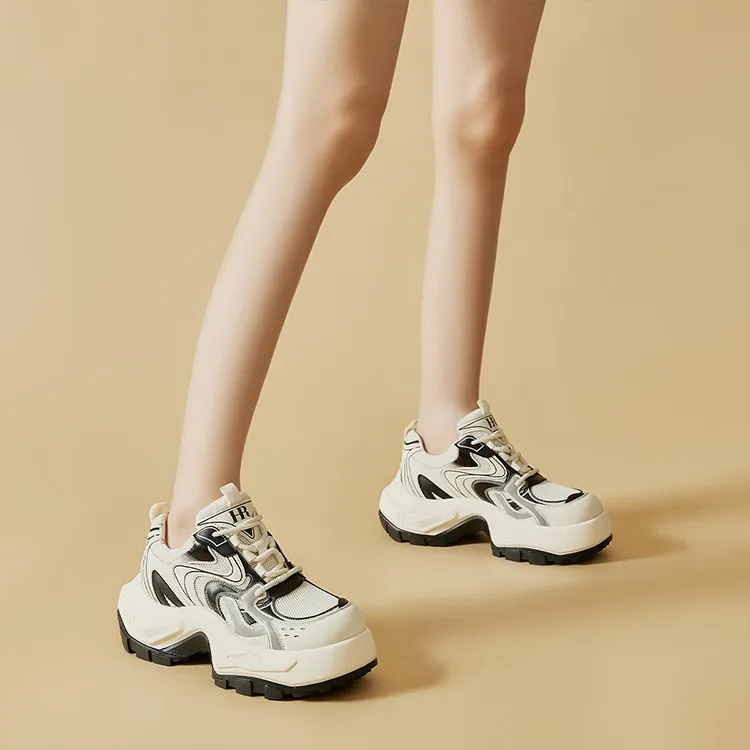 HR Height Increasing Low Top Chunky Sneakers Women's Beige Black-4