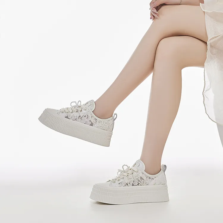 HR Breathable Height Increase Low Top Skateboard Shoes Women's Beige-1