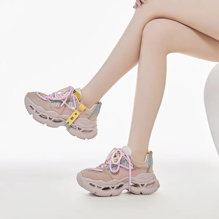 HR Breathable Height Increase Low Top Chunky Sneakers Women's Pink-2