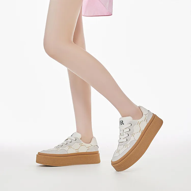 HR Height Increasing Low Top Skateboard Shoes Women's Beige-3