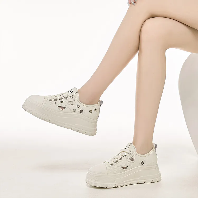 HR Breathable Height Increase Low Top Skateboard Shoes Women's White-2