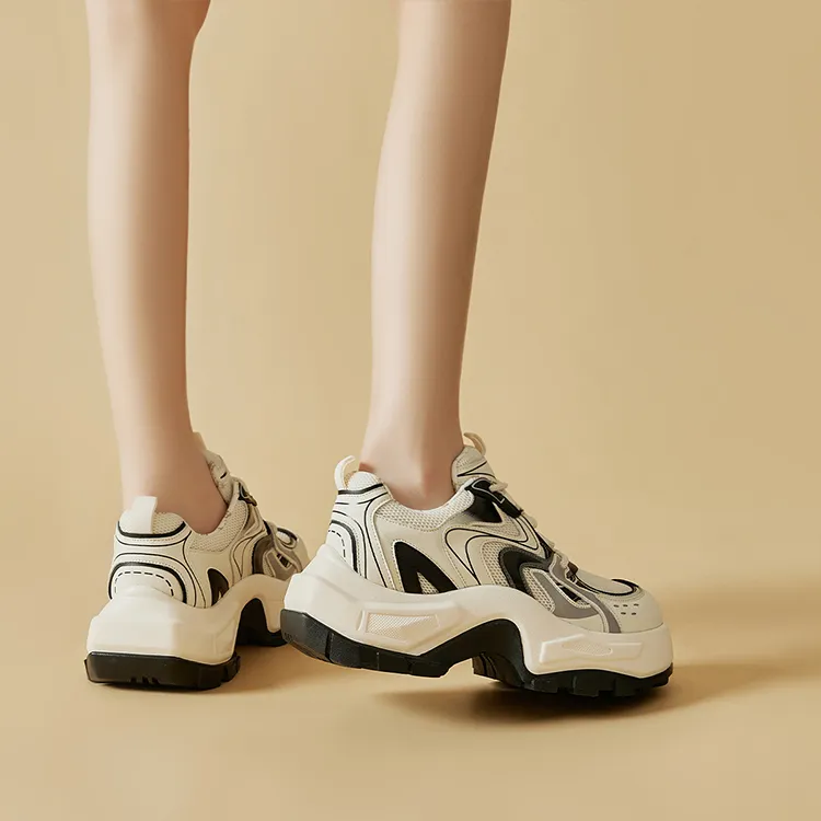 HR Height Increasing Low Top Chunky Sneakers Women's Beige Black-5