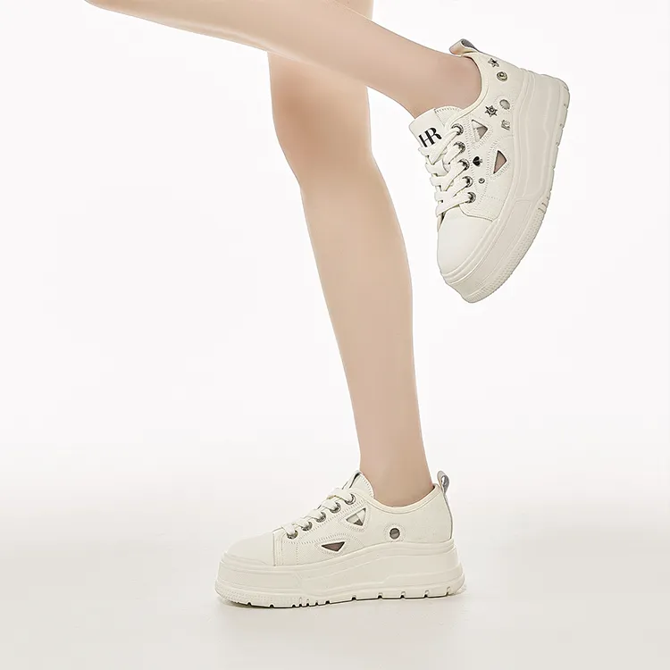 HR Breathable Height Increase Low Top Skateboard Shoes Women's White-3