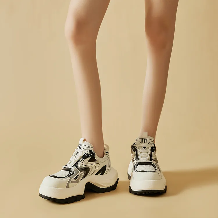 HR Height Increasing Low Top Chunky Sneakers Women's Beige Black-3