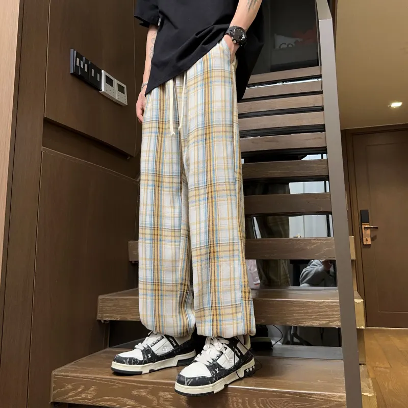 NOAHGIGI Casual Pants Unisex Khaki Blue Plaid-14