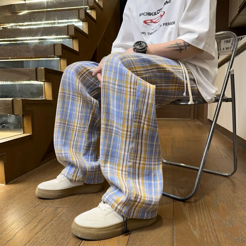 NOAHGIGI Casual Pants Unisex Khaki Blue Plaid-5