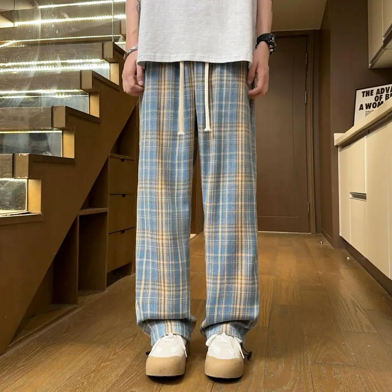 NOAHGIGI Casual Pants Unisex Khaki Blue Plaid-7