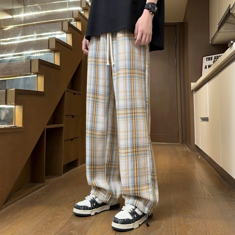 NOAHGIGI Casual Pants Unisex Khaki Blue Plaid-13