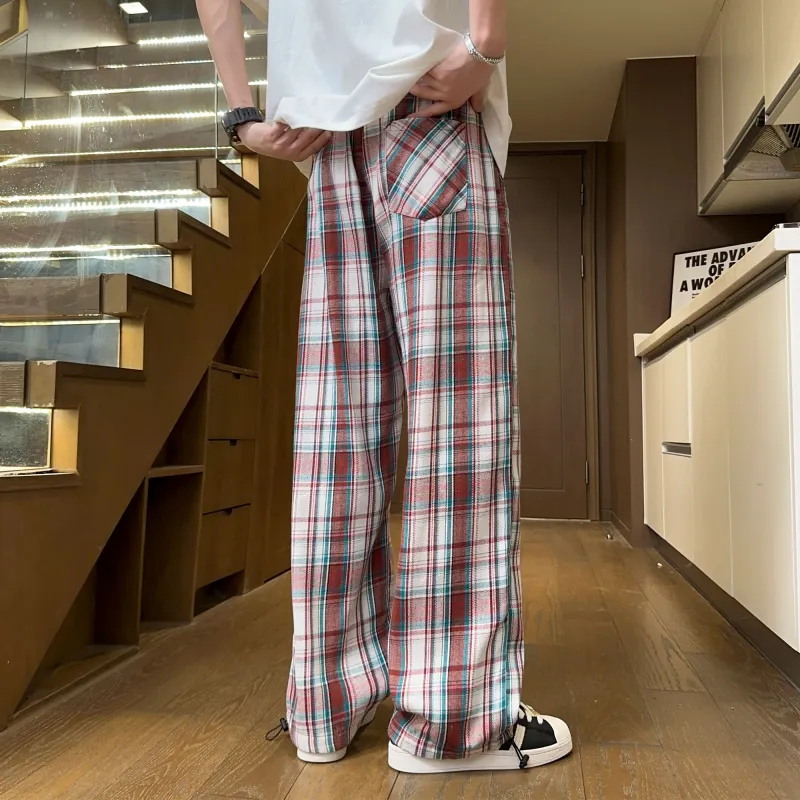 NOAHGIGI Casual Pants Unisex Khaki Blue Plaid-17
