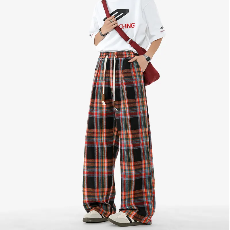 NOAHGIGI Casual Pants Unisex Black Red Plaid-1