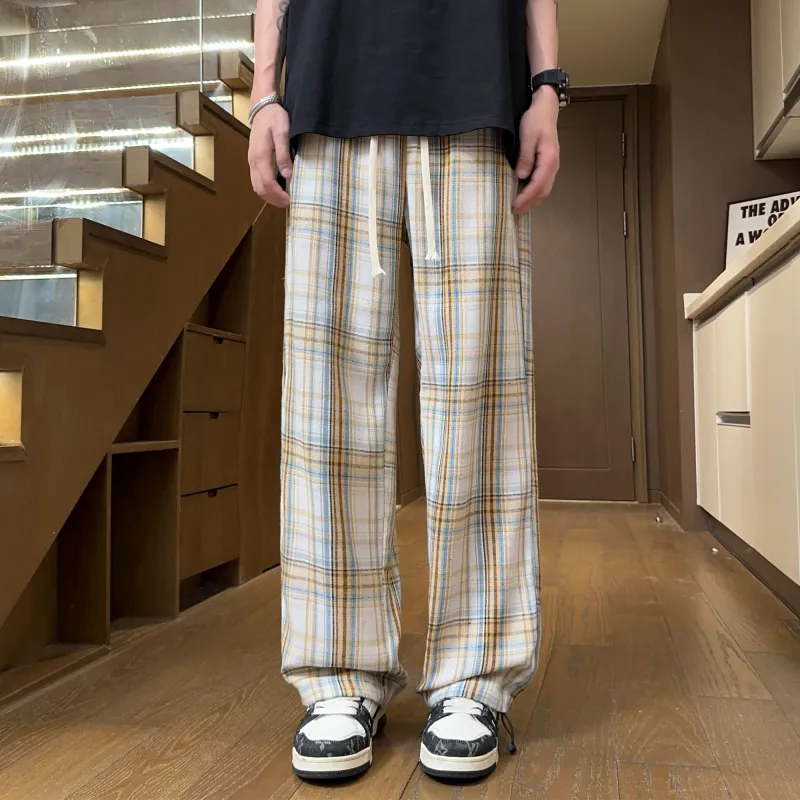 NOAHGIGI Casual Pants Unisex Khaki Blue Plaid-12
