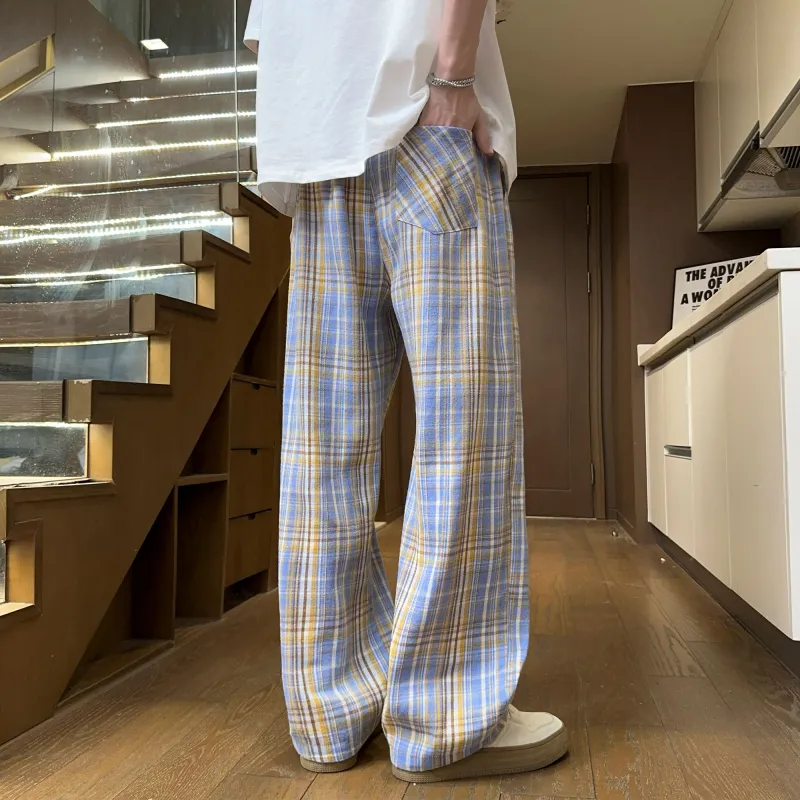 NOAHGIGI Casual Pants Unisex Khaki Blue Plaid-1