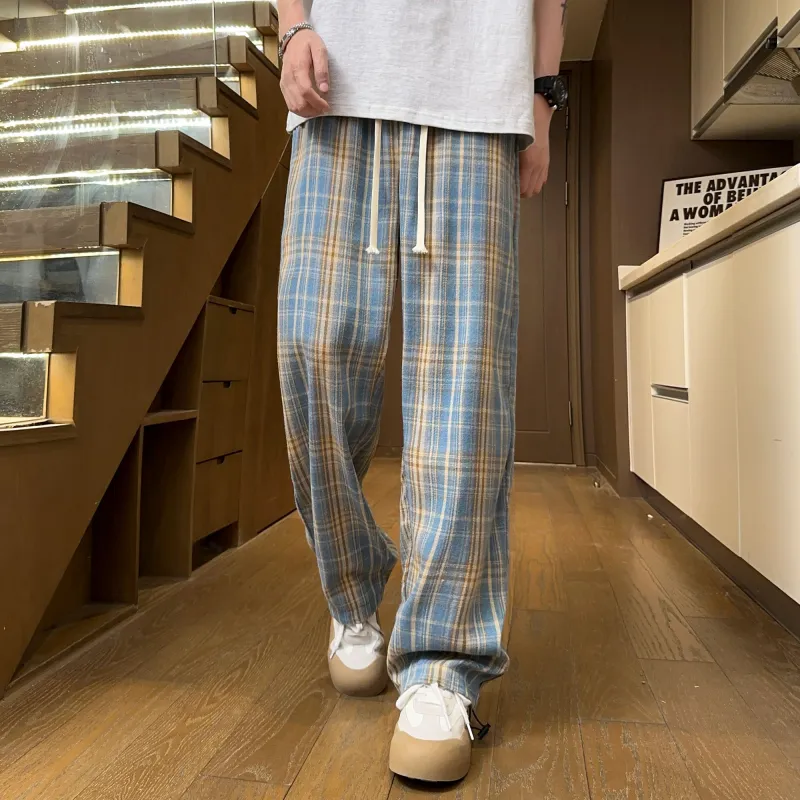 NOAHGIGI Casual Pants Unisex Khaki Blue Plaid-8