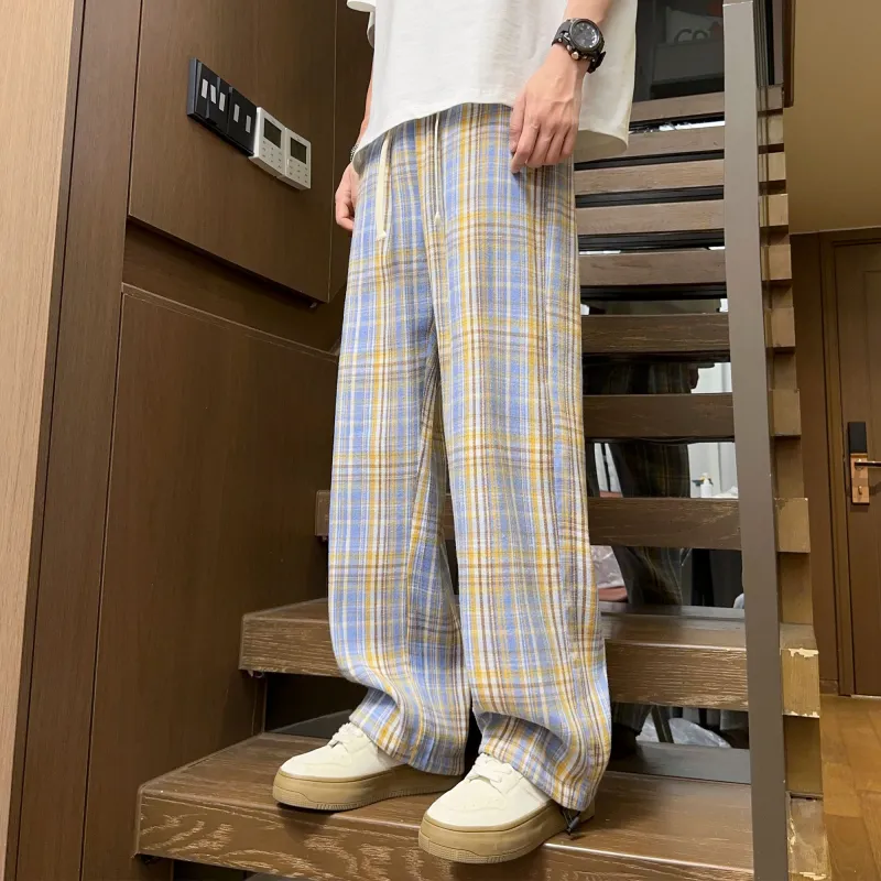 NOAHGIGI Casual Pants Unisex Khaki Blue Plaid-4