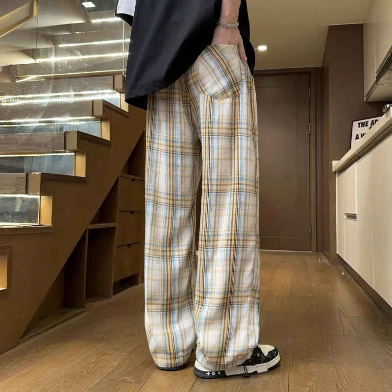 NOAHGIGI Casual Pants Unisex Khaki Blue Plaid-11