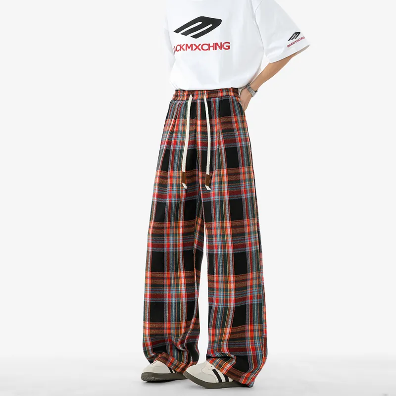 NOAHGIGI Casual Pants Unisex Black Red Plaid-3