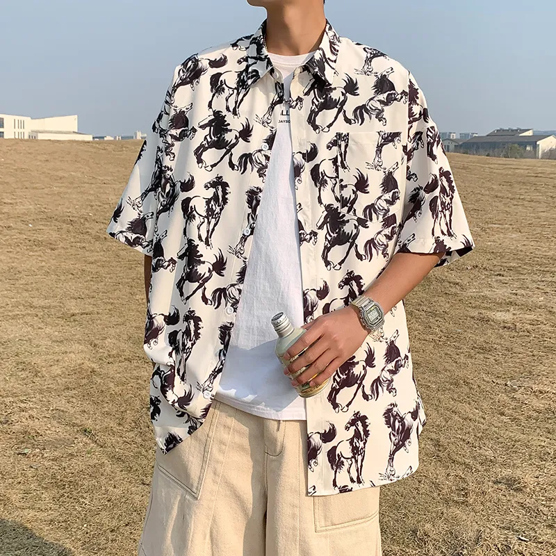 NOAHGIGI Short Sleeved Floral Shirt Unisex Beige Apricot Ink Wash Steed-2