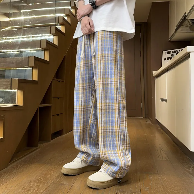 NOAHGIGI Casual Pants Unisex Khaki Blue Plaid-3