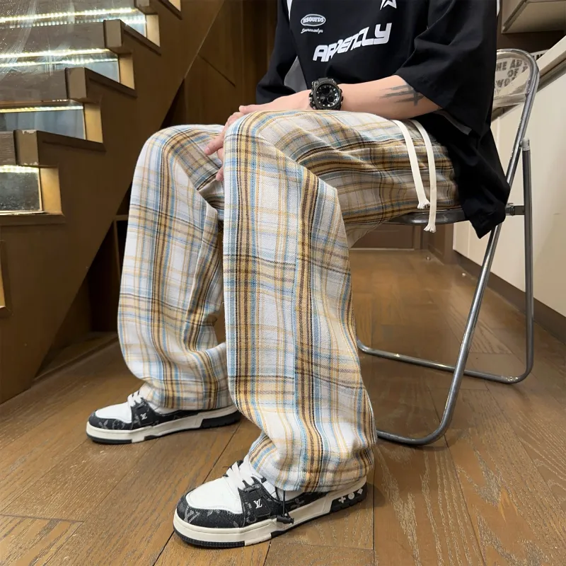 NOAHGIGI Casual Pants Unisex Khaki Blue Plaid-15