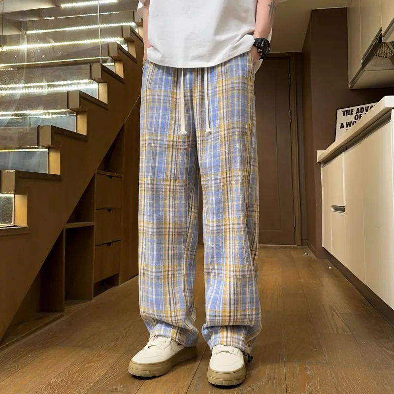 NOAHGIGI Casual Pants Unisex Khaki Blue Plaid-2