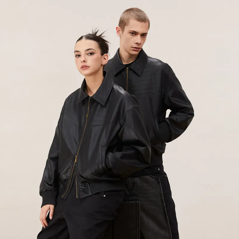KREATE BOXY Cut Series Leather Jacket Coat Unisex Black-4