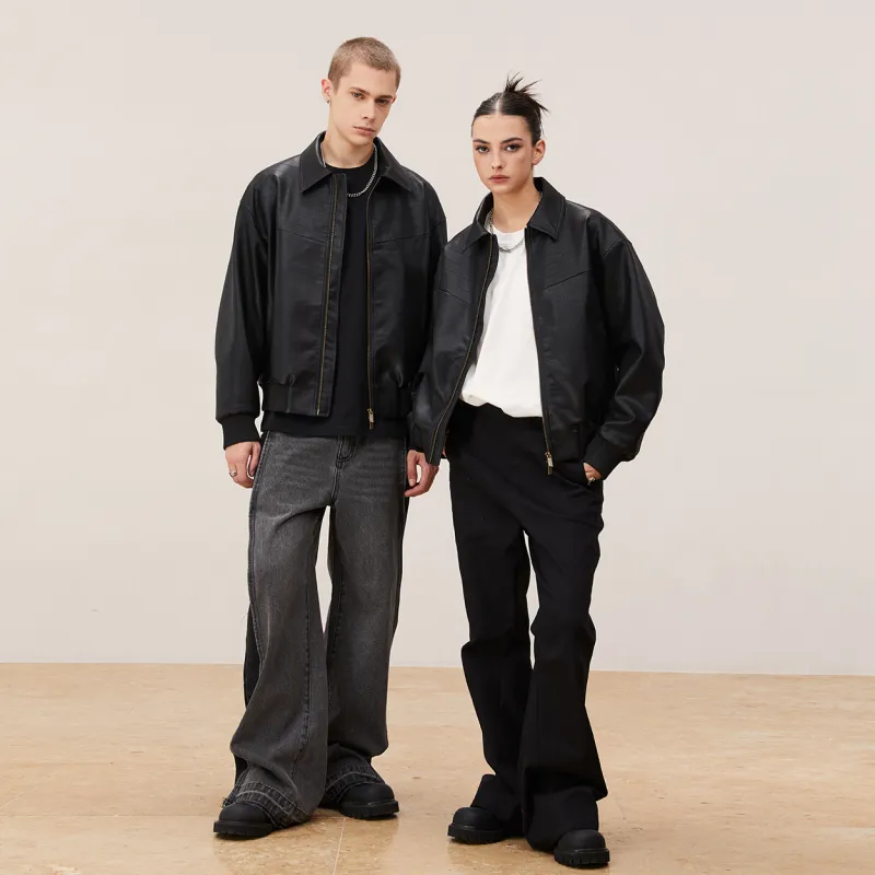 KREATE BOXY Cut Series Leather Jacket Coat Unisex Black-6