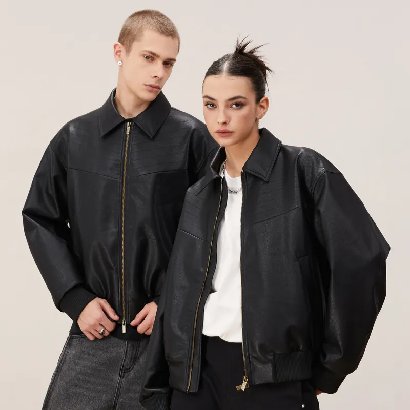 KREATE BOXY Cut Series Leather Jacket Coat Unisex Black-2
