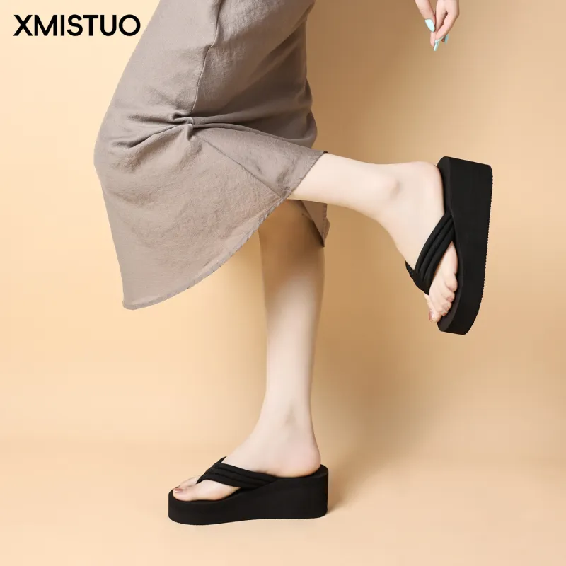 XMISTUO Minimalist Style Vintage Height Increasing Flip Flops For Women's Summer Fashion Wedge Heel Platform Sandal-3