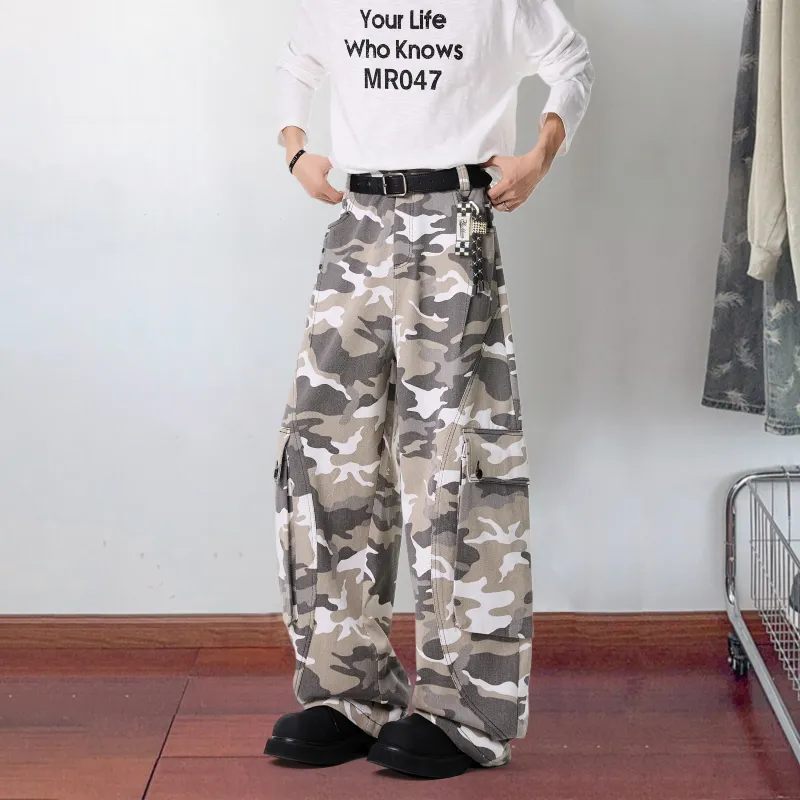 David Bakken Cargo Pants Unisex White Gray Camouflage-4
